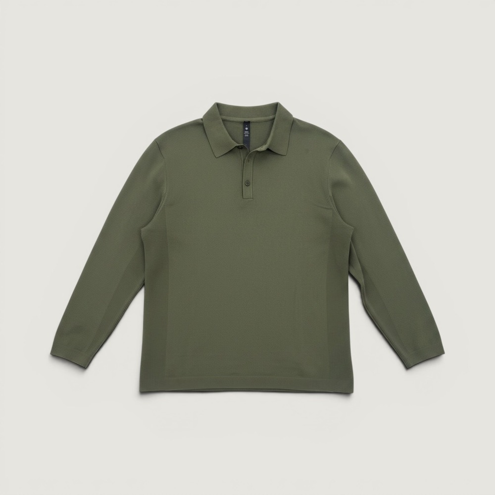 Lululemon Shirt Mens Large Olive Green Lightweight Long Sleeve Knit Polo LM3DZCS